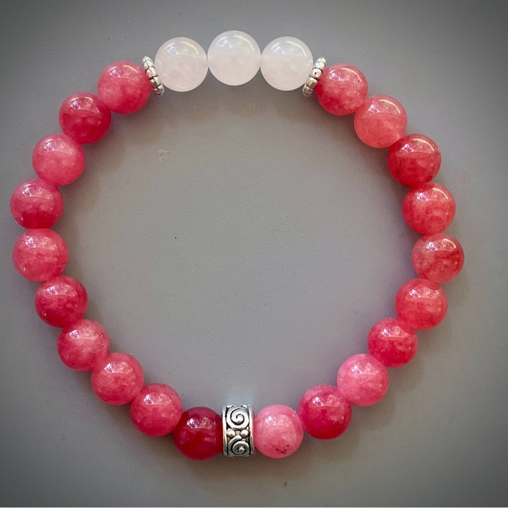 Bright Pink Jade and Rose Quartz Handcrafted Bead Bracelet
